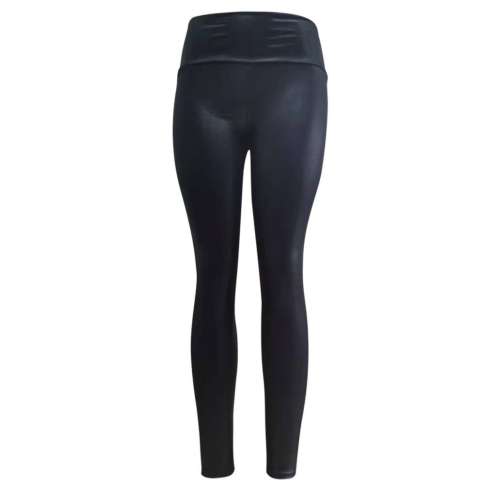 Dames Imitatie Leer Gevouwen Lengte Broek Hoge Stretch En Yoga Broek Sport Hardloopbroek