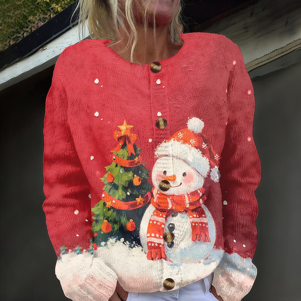 Women's Fashion Christmas Printed Long Sleeve Knitted Cardigan Button Down Jacket