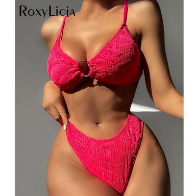 Wrinkled Metal Ring Mid Waist Bikini Women Swimwear Female Swimsuit Two-pieces Bikini Set Padded Bather Bathing Suit Swim