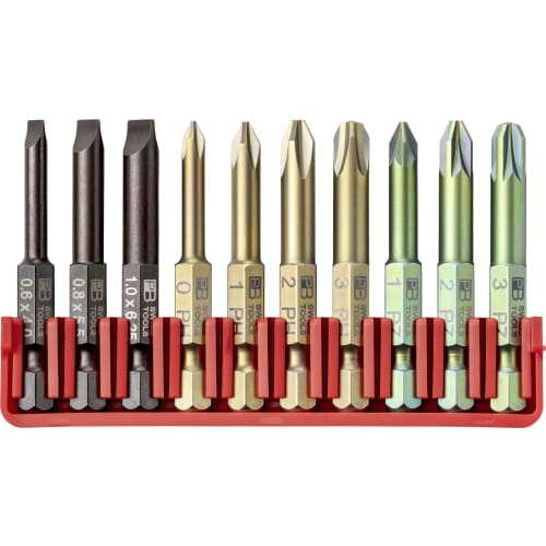 PB Swiss Tools 10-Piece 1/4" Hex E6 Stepped Bit Set (Slotted, Phillips, and Pozidriv) with Bit Holder, E6.701CN