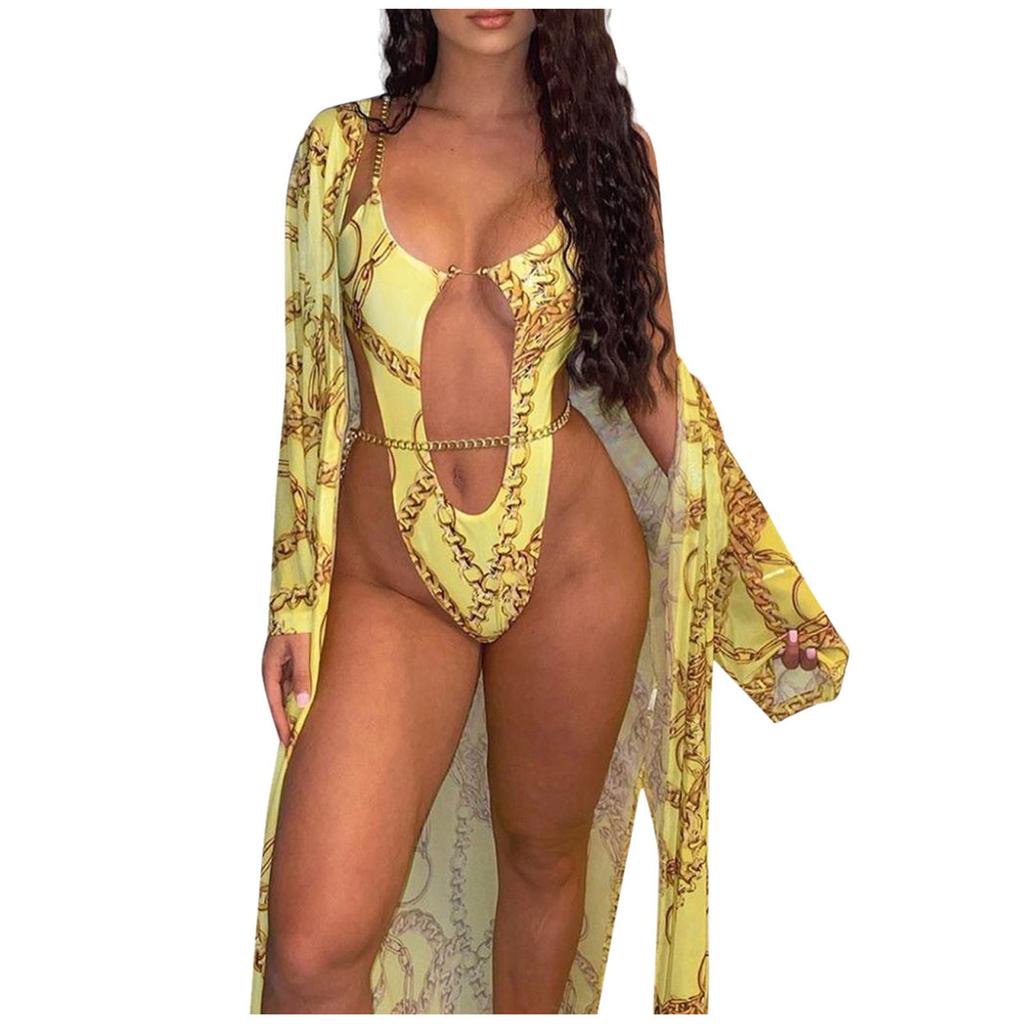 Women's Fashion Sexy Hollow Chain Personalized Printed One-Piece Swimsuit