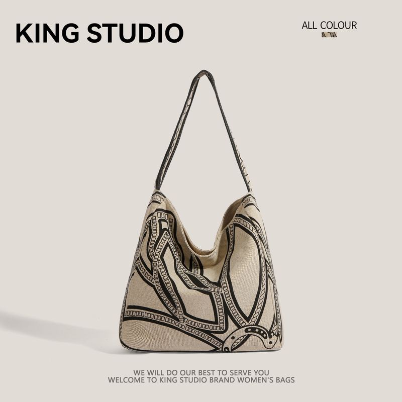 

Pony Totem Print Tote Bag Female 2025 New Arrival Tide Retro Large Capacity Canvas Bag Idle Style Shoulder Bag Khaki
