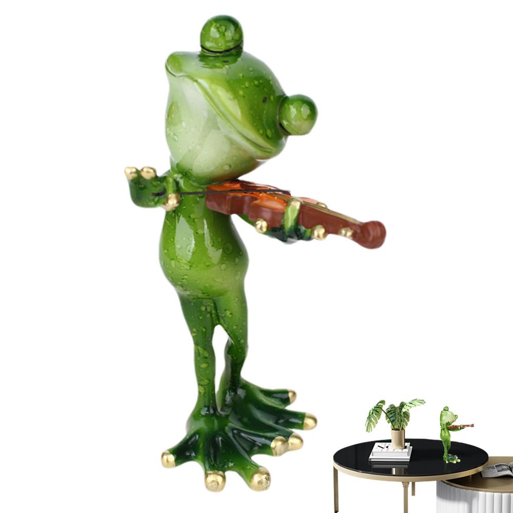 Frog Ornament Cute Cartoon Frog Statue Outdoor Accessory Figurine Resin Guitar Violin Outdoor Decor Holding Musical Instrument