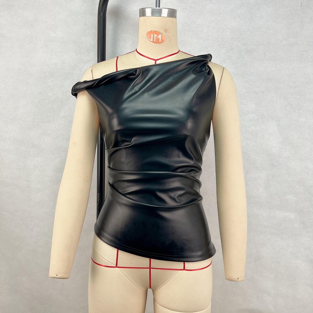 

Sleeveless Vest New Leather Slanted Shoulder Personalized Fashion Irregular Top L чорний