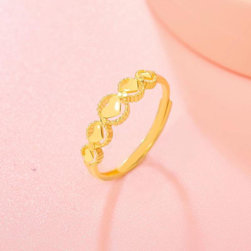Vietnam Sand Gold Adjustable Linked Hearts Ring - Qixi Gift for Girlfriend, Temperament Copper Gold-Plated Jewelry
