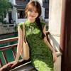 Green Sleeveless Short Cheongsam Dress 2026 Womens Modern Chinese Style Mini Qipao Petite