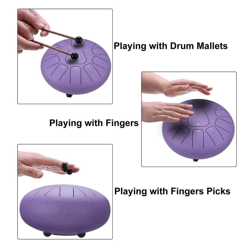 uxcell Steel Tongue Drum, 10" 11-Note Steel Hand Drum with Bag, Mallets, and Sheet Music, Worry-Free for Yoga, Meditation, and Camping (Purple)