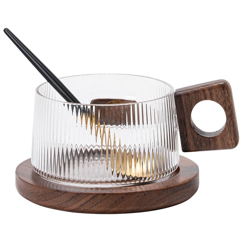 Vertical Glass Coffee Cup and Saucer Set High-grade Exquisite Household Walnut Tea Cup Female Milk Cup with Spoon.