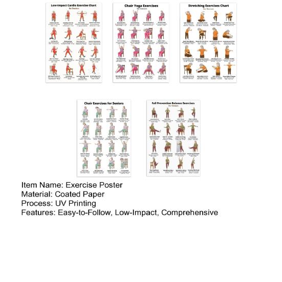5Pcs Chair Balance Stretch Yoga Exercise Poster Set for Seniors Low-Impact Home Workout Plan for Elderly Anti-Fall & Mobility Guide Fitness Wall