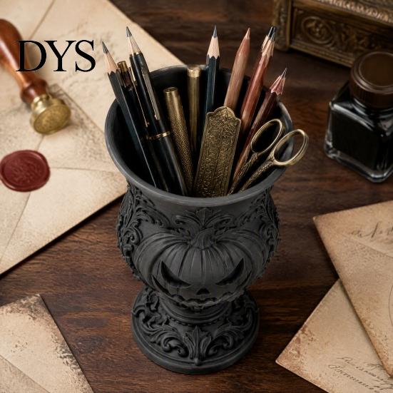 Dark Aesthetic Room Decor 3D Printed Gothic Pumpkin Pen Holder, Retro European Style Relief Stationery Spooky Halloween Table Decoration Organizer,