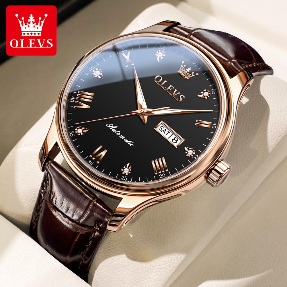 OLEVS Men's Watches Casual Trend Leather Strap Original Self-winding Mechanical Wristwatch for Man Waterproof Luminous Date Week