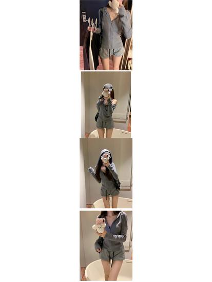 Women's Gray Spicy Girl Long-Sleeve Zippered Fishbone Slim Fit Autumn Base Layer Top