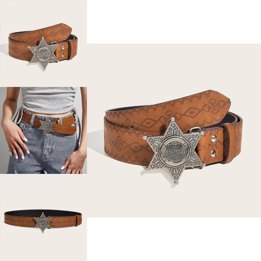 Unique Star Pattern Leather Belt With Alloy Snap Buckle For Trendy Casual And Gift Giving
