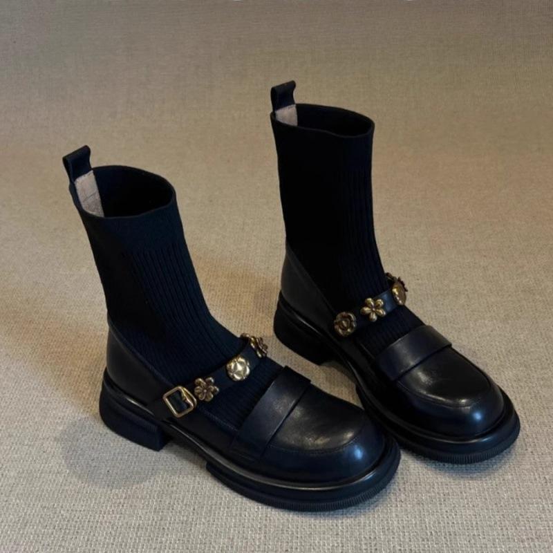 Soft Leather Version~ French Retro Camellia Platform Socks Boots Knitted Thin Boots Versatile Round Head Martin Boots Short Boots Women