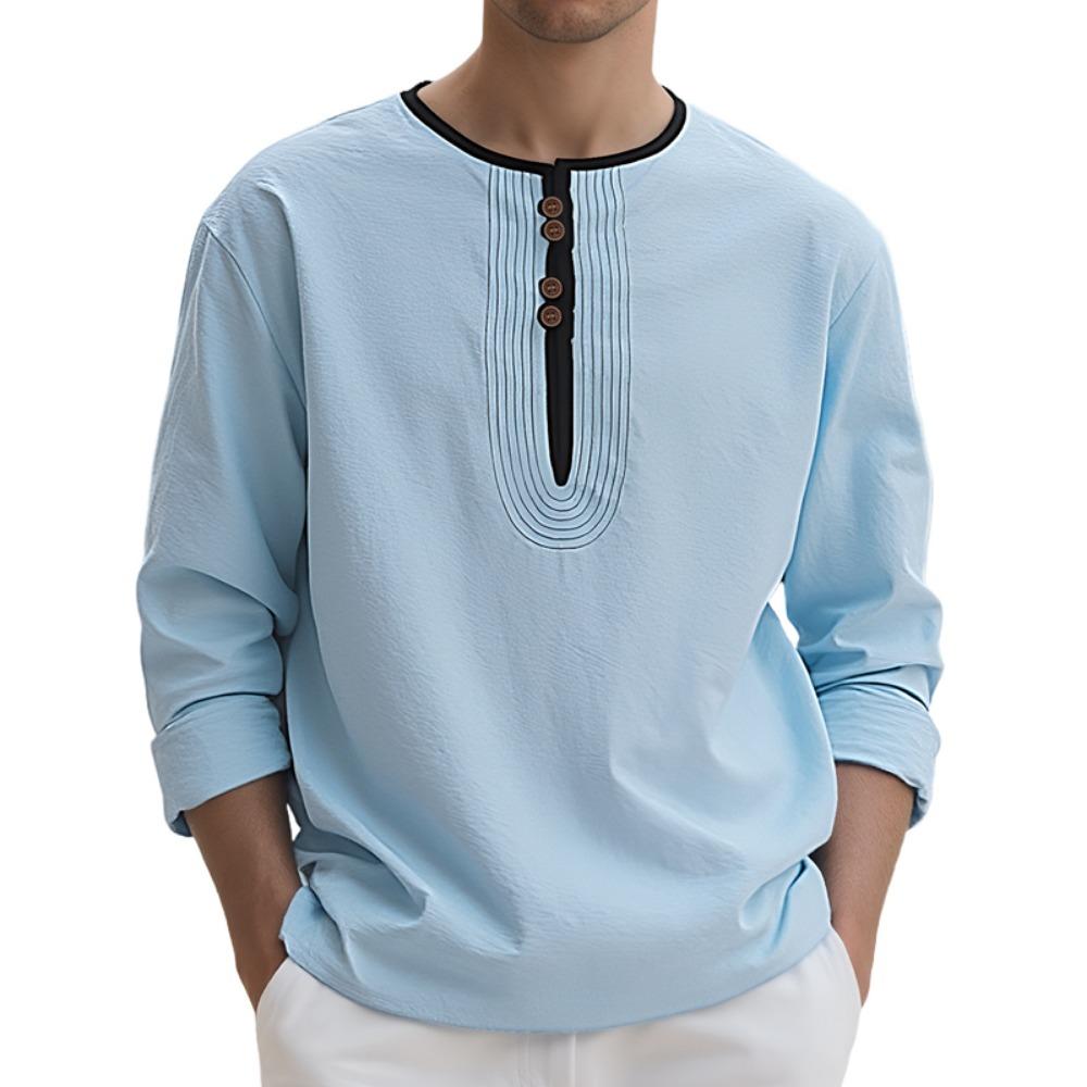 Pánské módní tričko s límečkem henley 95% len s dlouhým rukávem podzimní volné ležérní prošívané tričko pánské oblečení