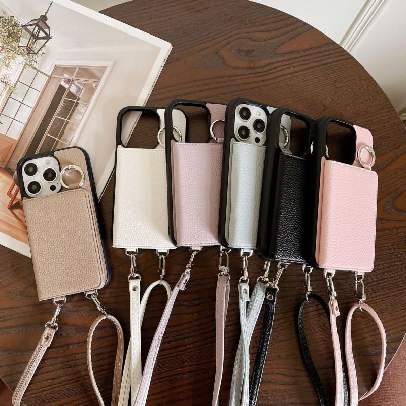 Card Holder Phone Case IPhone 16/17 ProMax Litchi Texture Full Body With Strap
