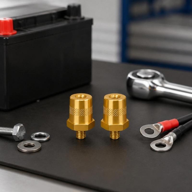 Copper Battery Terminal Set with Threaded Posts, Positive and Negative Pair, Knurled Body and Hardware for Battery Cable Replacement