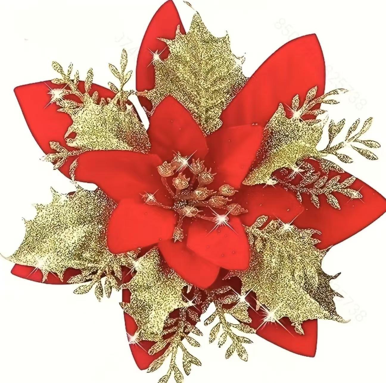 

Набор рождественских цветочных украшений с золотым блеском: Трехслойные искусственные цветы для дерева, венков и праздничных подарков 14CM золотой/красный