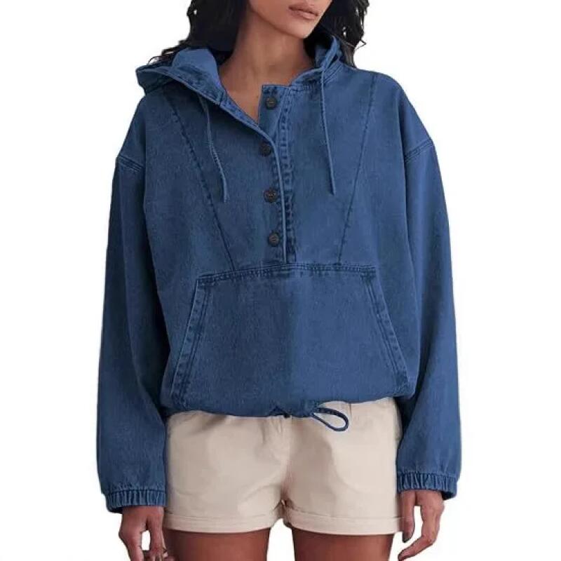 Sudaderas vaqueras con capucha para mujer, bolsillos con botones, streetwear vintage, otoño invierno, sudaderas con capucha para mujer, tops casuales holgados de punto