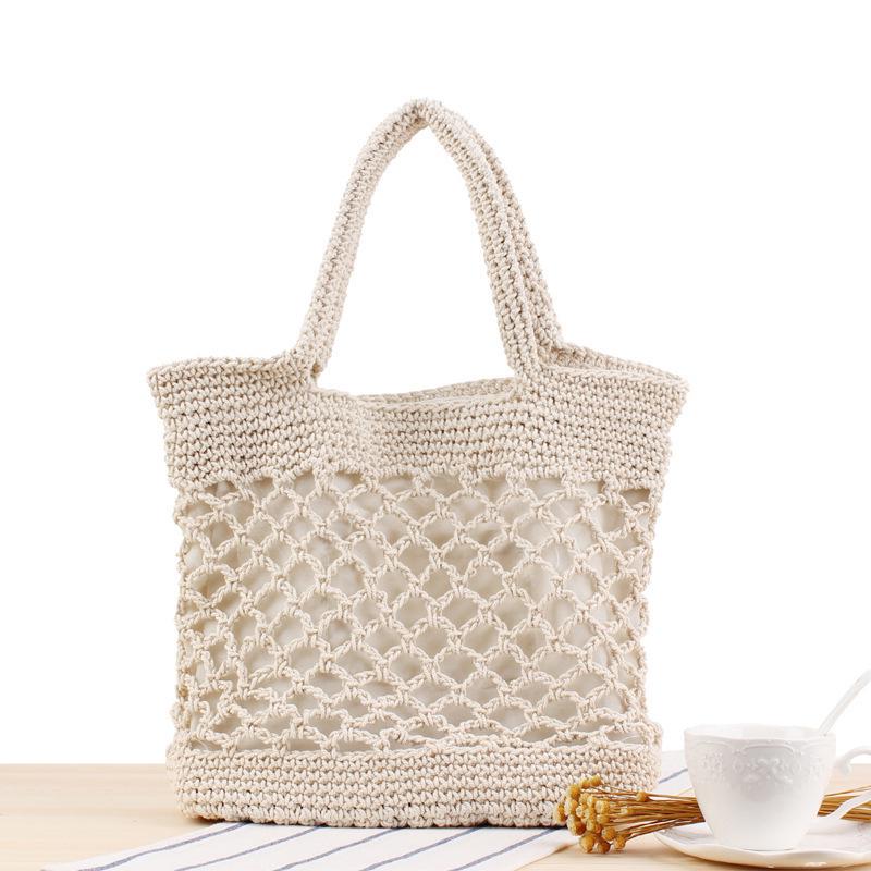

Mori Style Solid Color Cotton Woven Handbag - Trendy Vacation Beach Bag for Women брудно-білий