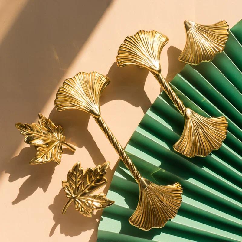 Ginkgo Leaf Brass Cabinet Door Handle Creative Personality Solid Wardrobe Nordic Gold Drawer Cabinet Handle Home Hardware