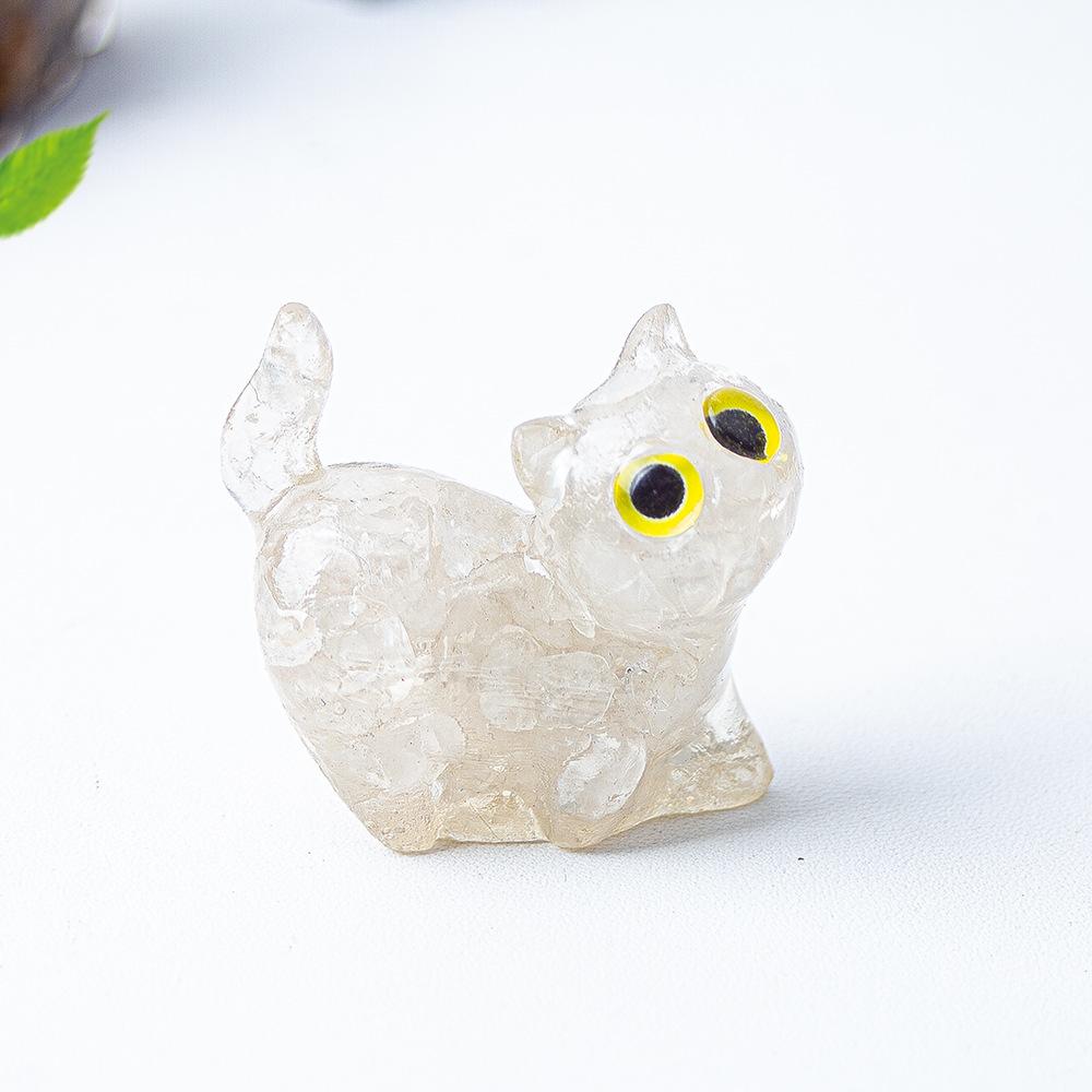 Natural Amethyst Rose Quartz Epoxy Cat Ornament Cute Animal Image Macadam Drip Glue Resin Cats Desktop Decoration Mini Figurines