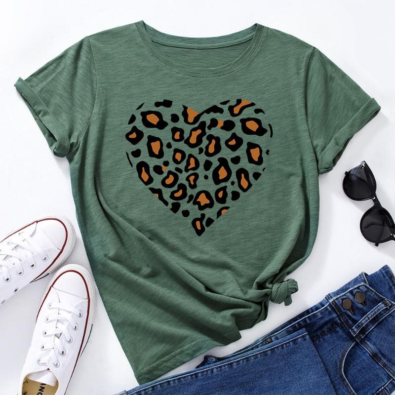Zomer Dames Bedrukte Luipaardprint Hartvormige Losse Ronde Hals Puur Katoen Korte Mouw T-shirts Dames