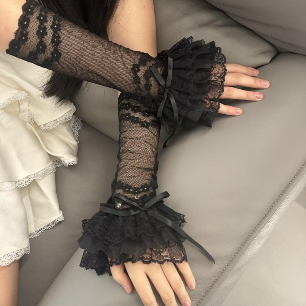 Hollow Out Lace Fingerless Gloves Ruffle Trim Bridal Wrist Gloves Lace Arm Sleeves Cosplay Event