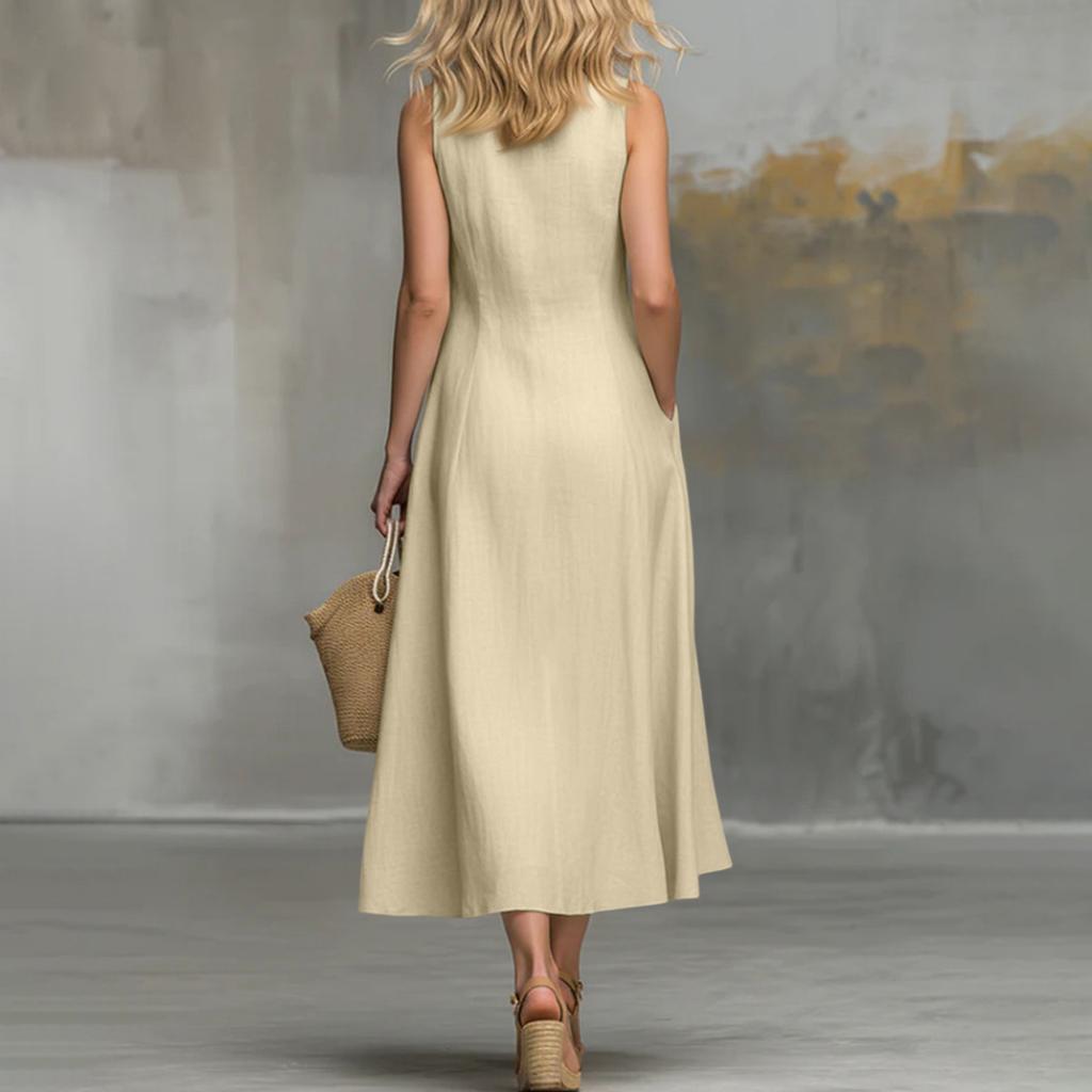 Ladies' Casual And Fashionable Lapel Button Closure Sleeveless Dress