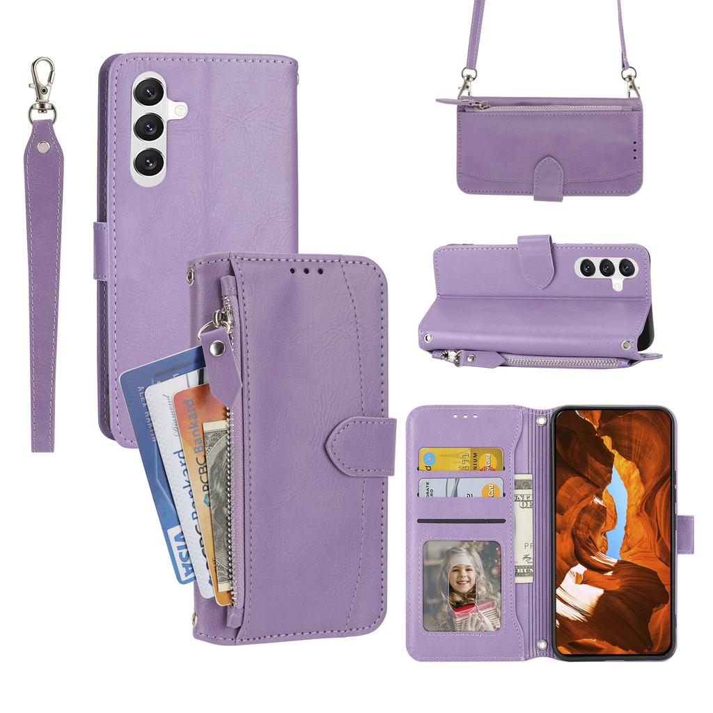 For Samsung Galaxy A57 5G Case Zipper Pocket Leather Phone Cover with Crossbody Shoulder Strap