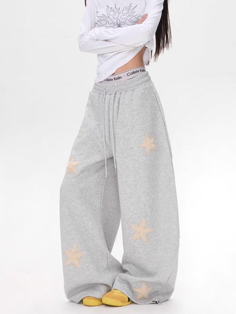 Unisex American Retro Star Embroidered Sweatpants: Wide-Leg, Floor-Length Jazz Dance Sportswear