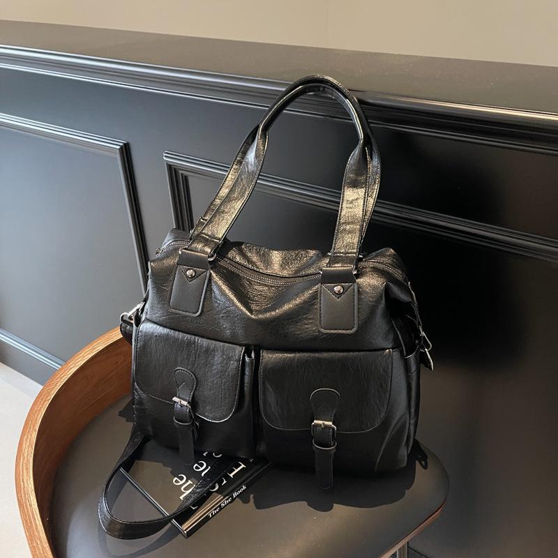 Vintage tote bag women's large-capacity multi-pocket shoulder bag women's commuting soft leather oblique straddle handheld women's bag
