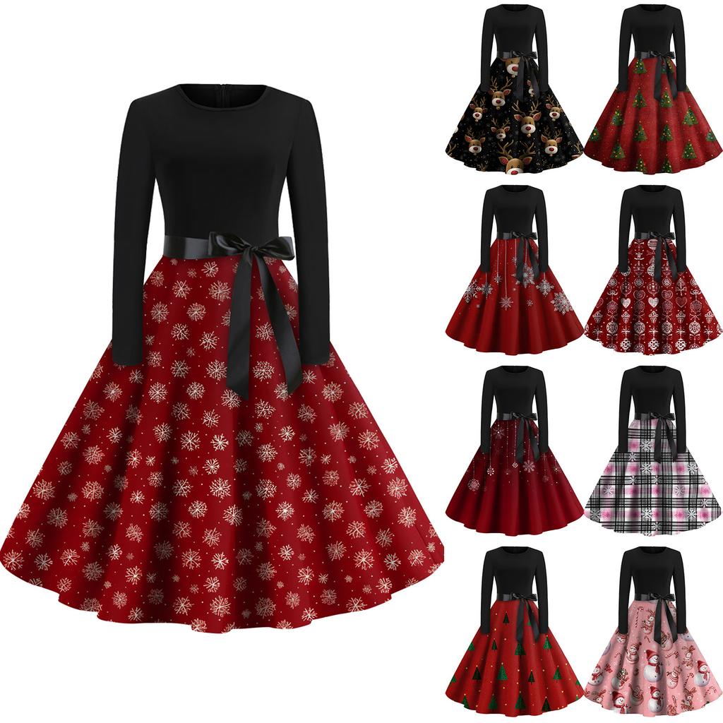 Mote for kvinner Rund Hals Casual Slim Fit Juleprint Stor Sving Langermet Kjole