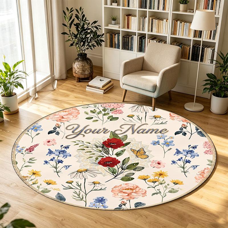 Floral Flowers (855) Theme Circular Crystal Velvet Carpet Customized Name & Text Round Soft Floor Rug For Living Room Bedroom Decor
