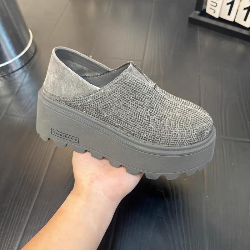 Women's Single Shoes Thick Sole Round Toe Rhinestones Heel Can Be Stepped on Bread Shoes Leisure One Kick Zapatillas De Mujer