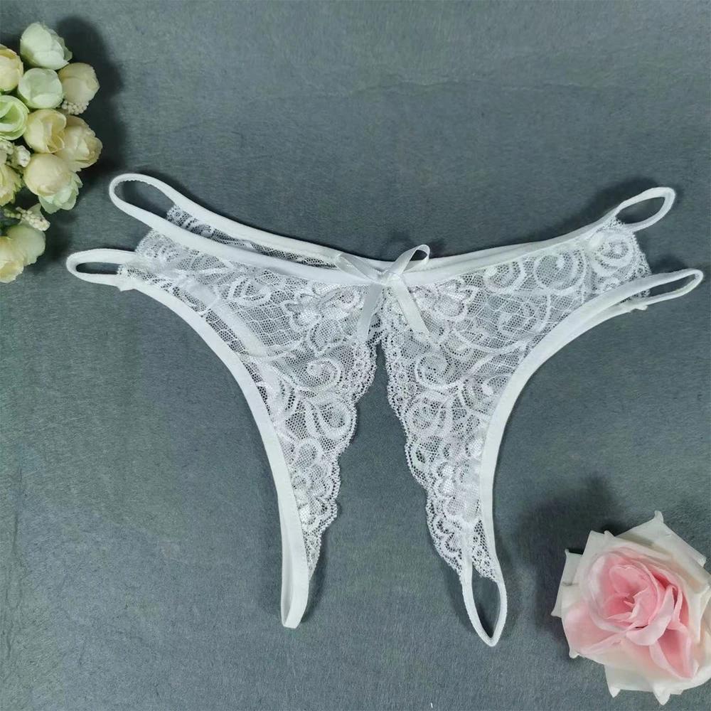 1pc Women's See Through Lace Panties Open Crotch Underwear Briefs Solid Color Female Low Waist Underpants