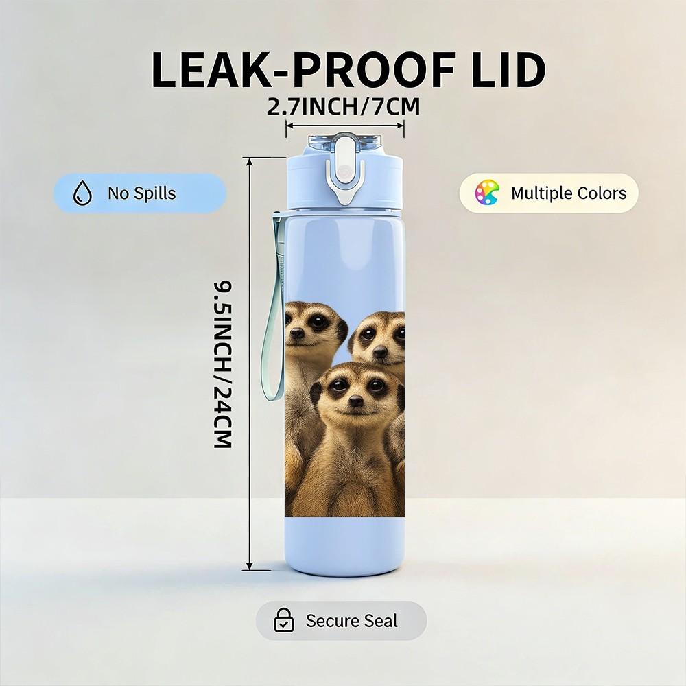 1PC Two Meerkat Standing Portrait 750ml Color Plastic Sports Water Bottle Leakproof Flip Straw Lid Suitable for Sports Office Home Use