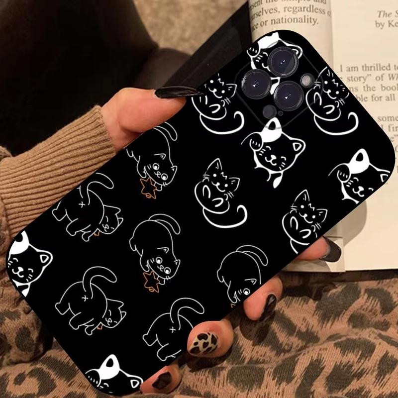 Cartoon Black Cat Line Phone Case For iPhone 15 11 12 14 13 Pro Max Mini XSM XR SE 7 8 Plus Cute Kitten Mobile Phone Cover Funda