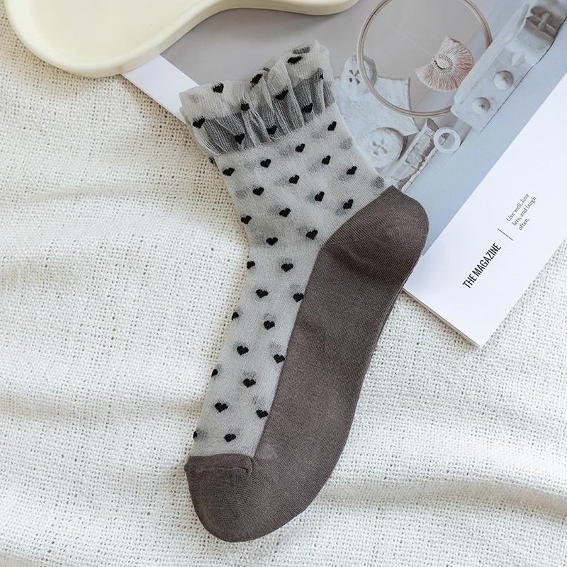 Love Heart Crystal Mid-Calf Glass Stockings with Cotton Sole and Lace - Japanese Style JK Women's Summer Socks.