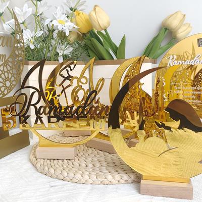 Eid MUBARAK Mond Tischdekorationen Ramadan Kareem Geschenke Goldener Mond Acrylhandwerk Mit Holzsockel Glückliches Muslimisches Fest Eid Dekoration