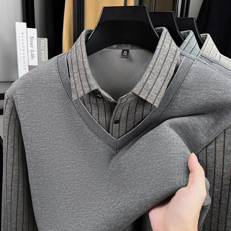 Firstview Men's Winter Fleece-lined Faux Two-Piece Printed Long-Sleeved Base Shirt