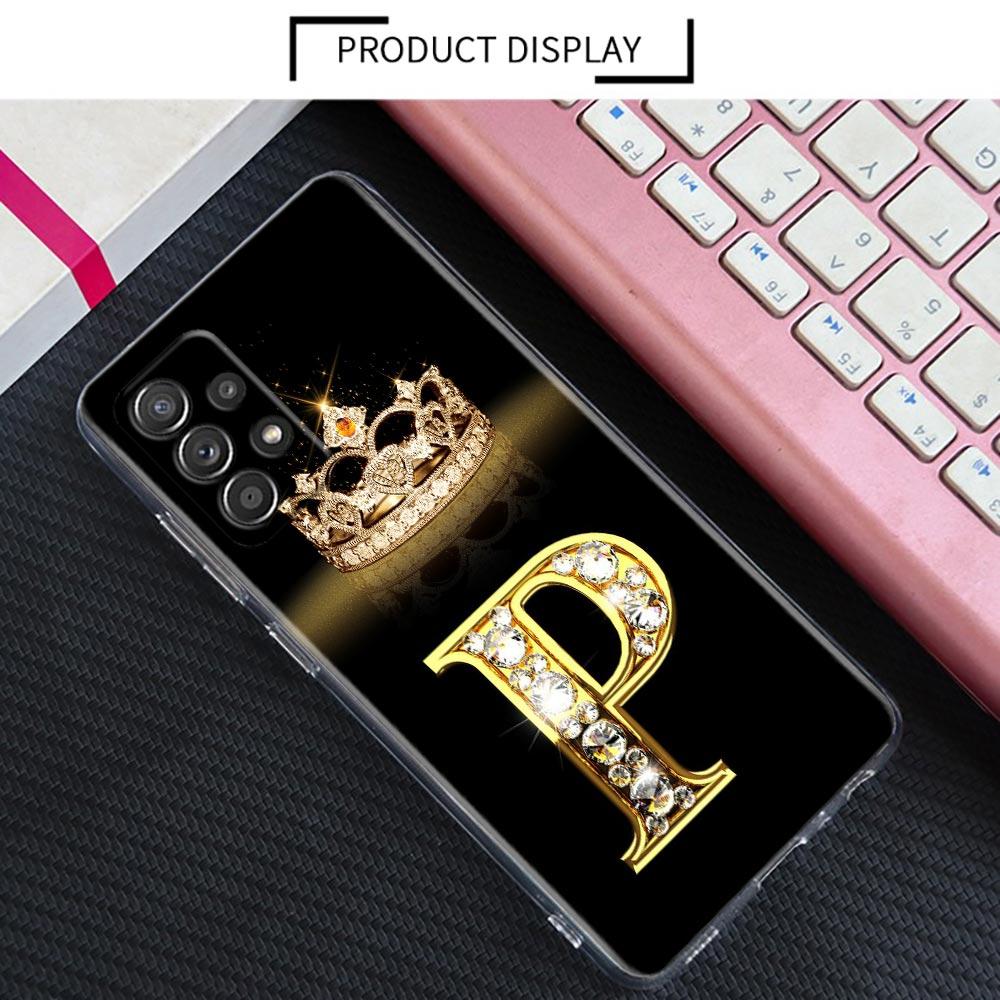 Diamond Crown Initials Letter N T Z P Case For Samsung Galaxy A55 A35 A06 A52 5G A53 A72 A53 A15 A51 A33 A32 A41 A23 Phone Cover