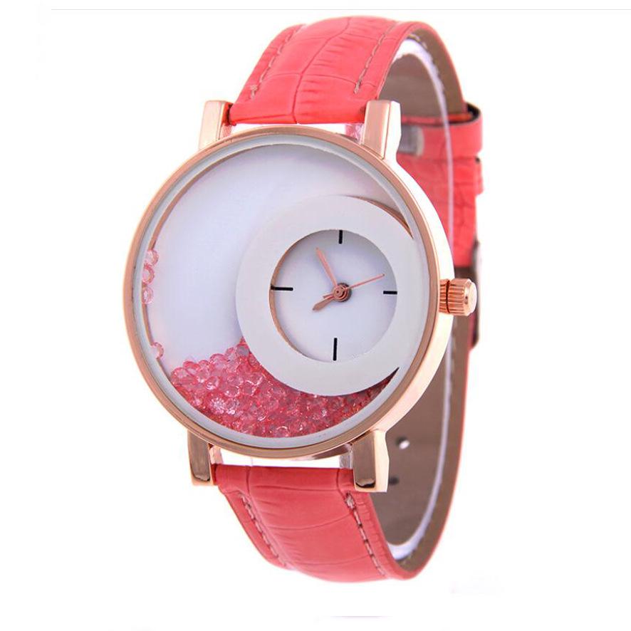 Funny Watch  Rhinestone Designed Round Dial Adjustable Faux Leather Strap Analog Quartz Special Lady Watches AVE