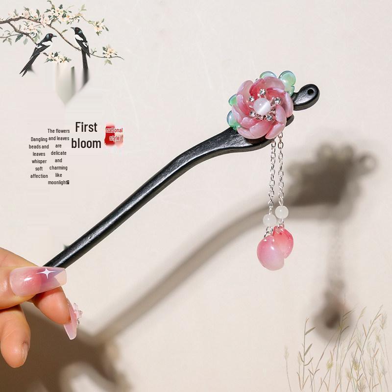 Elegant Wooden Chinese Tassel Hairpin for Hanfu | Women's Ancient Costume Hair Bun Accessory & Styling Ornament Gift.