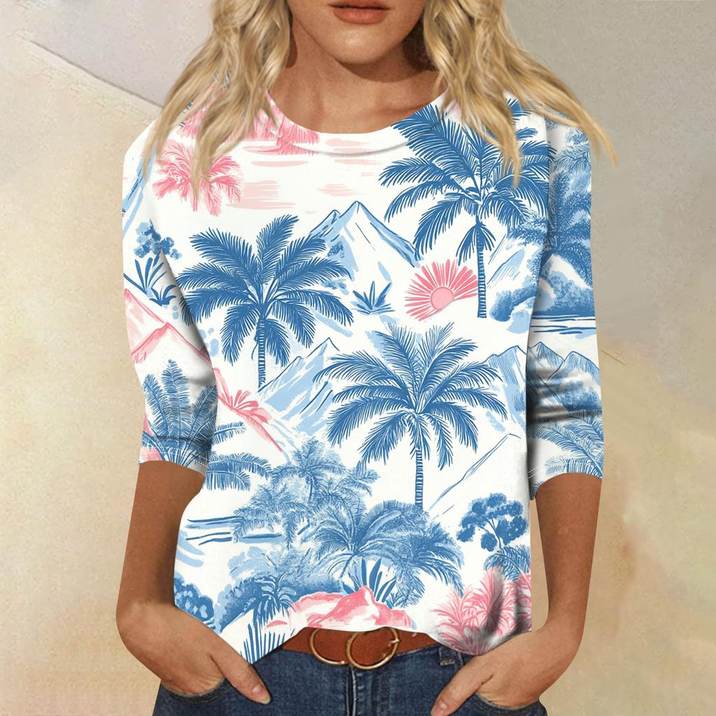 Módní vintage top s 3/4 rukávem pro ženy, dámská ležérní halenka s tříčtvrtečním rukávem a kulatým výstřihem s potiskem
