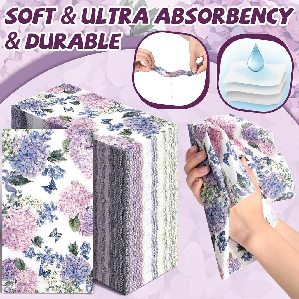 200 Pack Purple Hydrangea Napkins for Guests Floral Butterfly Napkins Disposable Dinner Hand Towels Decorative Flower Bathroom Paper for Wedding