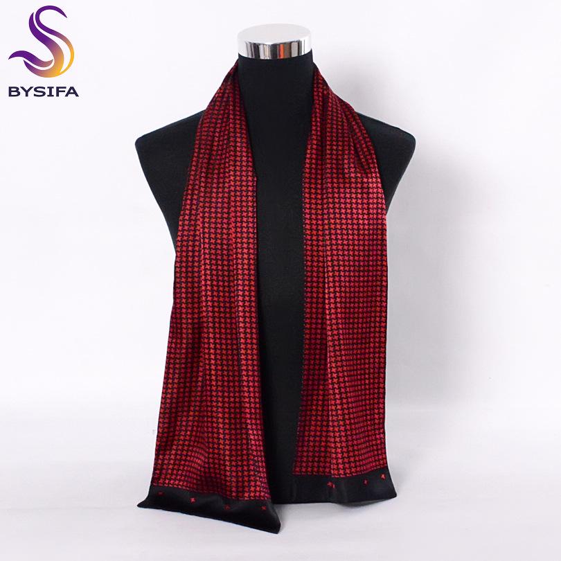 [BYSIFA] Brand Men Silk Scarf Muffler Winter Fashion Accessory 100% Pure Silk Male Plaid Long Scarves Cravat Navy Blue 160*26cm