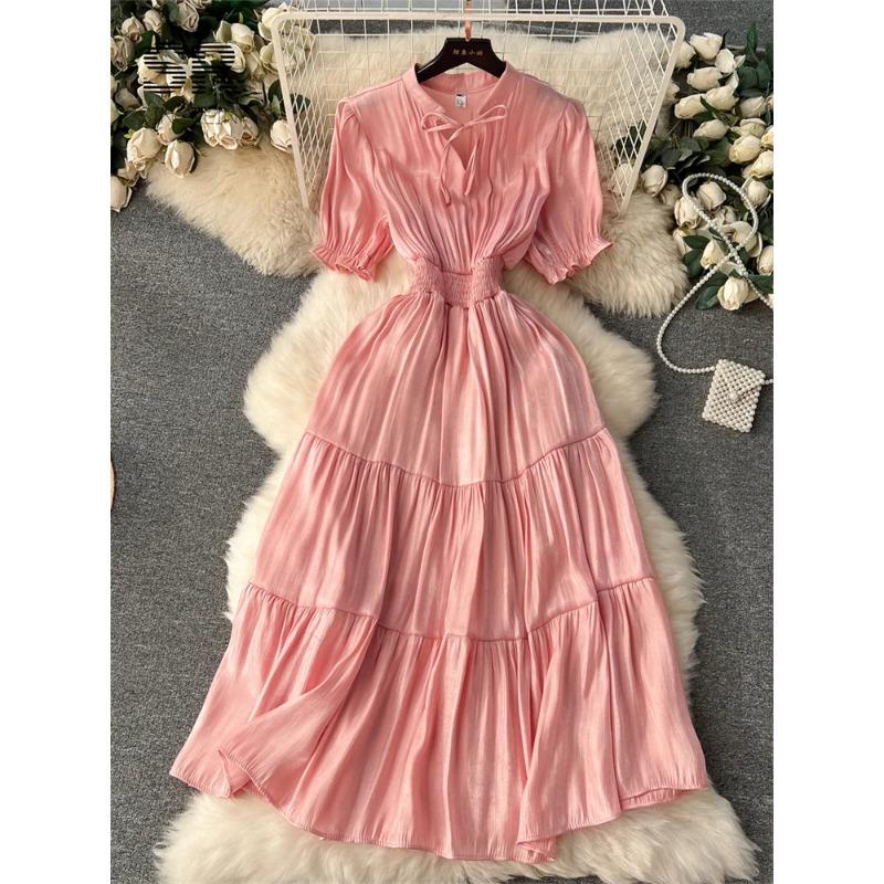 Solide Französisch Lange Kleid Frauen Kurzarm Elastische Taille Mode 2024 Casual Damen Elegante Schlanke A Linie Kleider