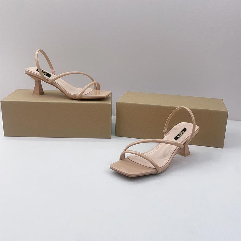 

High heel solid color square head cool slippers women s outer wear cross belt after mixing with thin high heel large size sandals women s style 37 абрикосовый