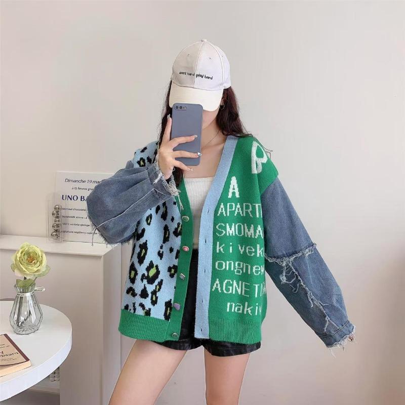 

Autumn and winter new style contrasting color denim splicing fashion jacquard sweater loose lazy knitted cardigan jacket women one size fits all